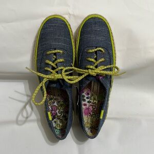 Brand new KEDS denim with a lime green edge wrapped with jute (golden fiber)